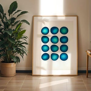 Futuristic abstract blobs blue retro post modernist gift digital download mid century modern Minimalist Circle Abstract Printable Art