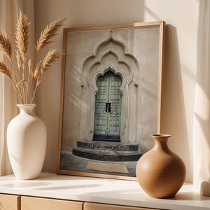 Printable Moroccan door Art, Marrakech mosque print, Islamic architecture poster, neutral Arabic wall art, beige green digital Download
