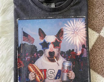 Bull Terrier 250year T-Shirt, Patriotic Bull Terrier Comfort Colors Tee, Funny 4th of July Bull Terrier Shirt, Terrier Drinking Beach Shirt