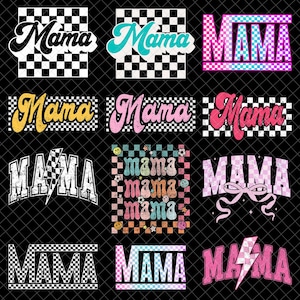 Puede incluir: Un conjunto de 12 diseños digitales que presentan la palabra "Mama" en varios estilos y colores. Los diseños incluyen un fondo a cuadros, un rayo, una cinta y una variedad de fuentes.