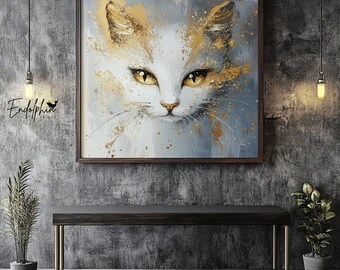 Weiße Katze Gold Wand Kunst: Modernes Glückliches Wohn Dekor (Digitaler Download)