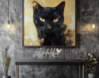 Schwarze Katze Goldene Wand Kunst: Modernes Glückliches Wohn Dekor (Digitaler Download)