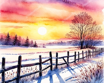Winter Sunrise Landscape clipart, Winter first glow Scenery, Printable JPG, Digital Download