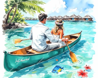 Watercolor Wedding Couple Boat Clipart, Lake Graphics (Digital Download, JPGs