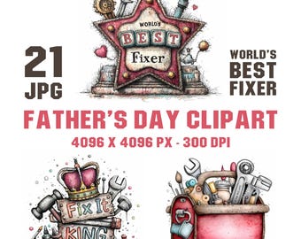 21 JPG Whimsical Father's Day Clipart Bundle, Watercolor Mechanics Toolbox Graphics, Family Clipart, Commercial Use