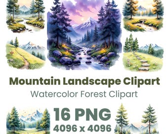 Watercolor Mountain Clipart Bundle, Forest River PNG (Digital Download)