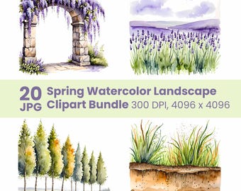 Spring Watercolor Landscape Clipart Bundle, Cottagecore Garden Scenery JPG, Rainy Backgrounds & Vignettes