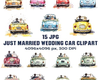Floral Wedding Car Clipart Bundle 15 Watercolor Just Married Bride Groom Commercial Use Invitation