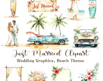 Wedding Car Clipart Bundle, Just Married Couple Wedding Graphics, Beach Destination, Tropical Wedding, Digital Commercial Use