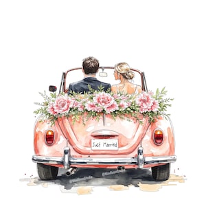 以下が含まれることがあります： ピンク色のコンバーチブルカーの水彩イラスト。ピンクの花と緑で飾られています。車は新婚夫婦を乗せています。「Just Married」と書かれたナンバープレート。車は白い背景にあります。
