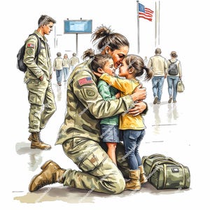 Op de afbeelding: Illustratie van een soldaat in camouflage-uniform die twee kinderen omhelst. De soldaat knielt, met een Amerikaanse vlag patch zichtbaar. Een tweede soldaat loopt op de achtergrond. Een groene duffeltas staat in de buurt en een Amerikaanse vlag wappert in de verte.