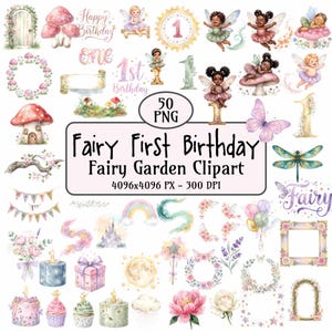 Puede incluir: Una colección de elementos de clip art en acuarela con temática de hadas. Incluye hadas, setas, coronas florales, pasteles de cumpleaños y el texto "Fairy First Birthday Fairy Garden Clipart". La paleta de colores presenta tonos pastel suaves.