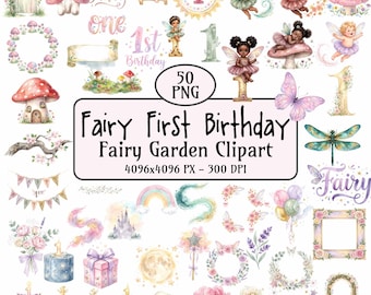 Fairy First Birthday Clipart Bundle 50 Watercolor PNG Garden Baby Shower Invitation Commercial Use