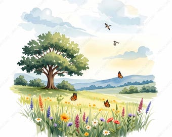Clipart di paesaggi di prati ad acquerello: arte di campi verdi e panoramici, prati ad acquerello (download digitale)