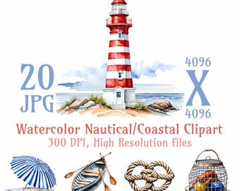 Watercolor Nautical Clipart, Coastal Ocean Life Illustrations (Digital Download, 20 JPG)