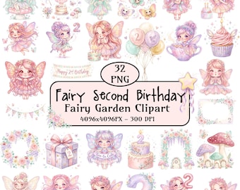 Fairy Second Birthday Clipart Bundle 32 Watercolor PNG Garden Toddler Two Year Invitation Commercial