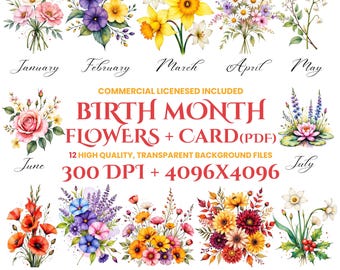Watercolor Birth Month Flowers PNG Clipart, Birthday Symbol Card (Digital Download)