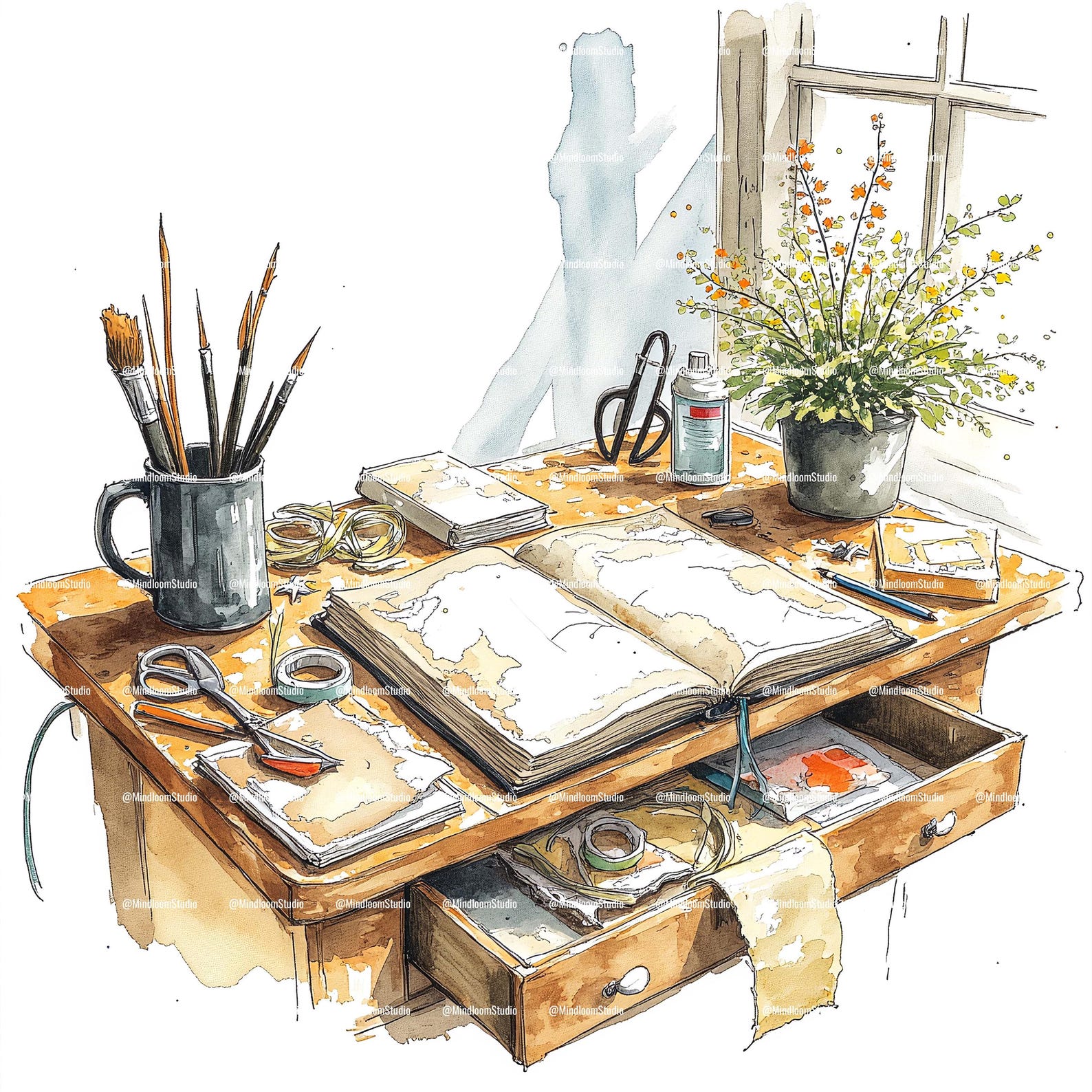 Cozy Craft Room Clipart: Watercolor Messy Desk Art (digital Download ...