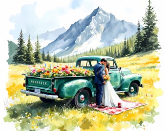 Vintage Truck Wedding Couple Clipart, Floral Just Married JPGs (Digital Download)