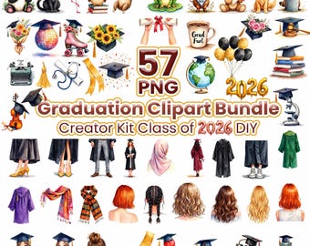 57 PNG Watercolor Graduation Clipart Bundle, Senior Class of 2026, Diploma Clipart Graduation Cap Graphics, Digital Download, Commercial Use