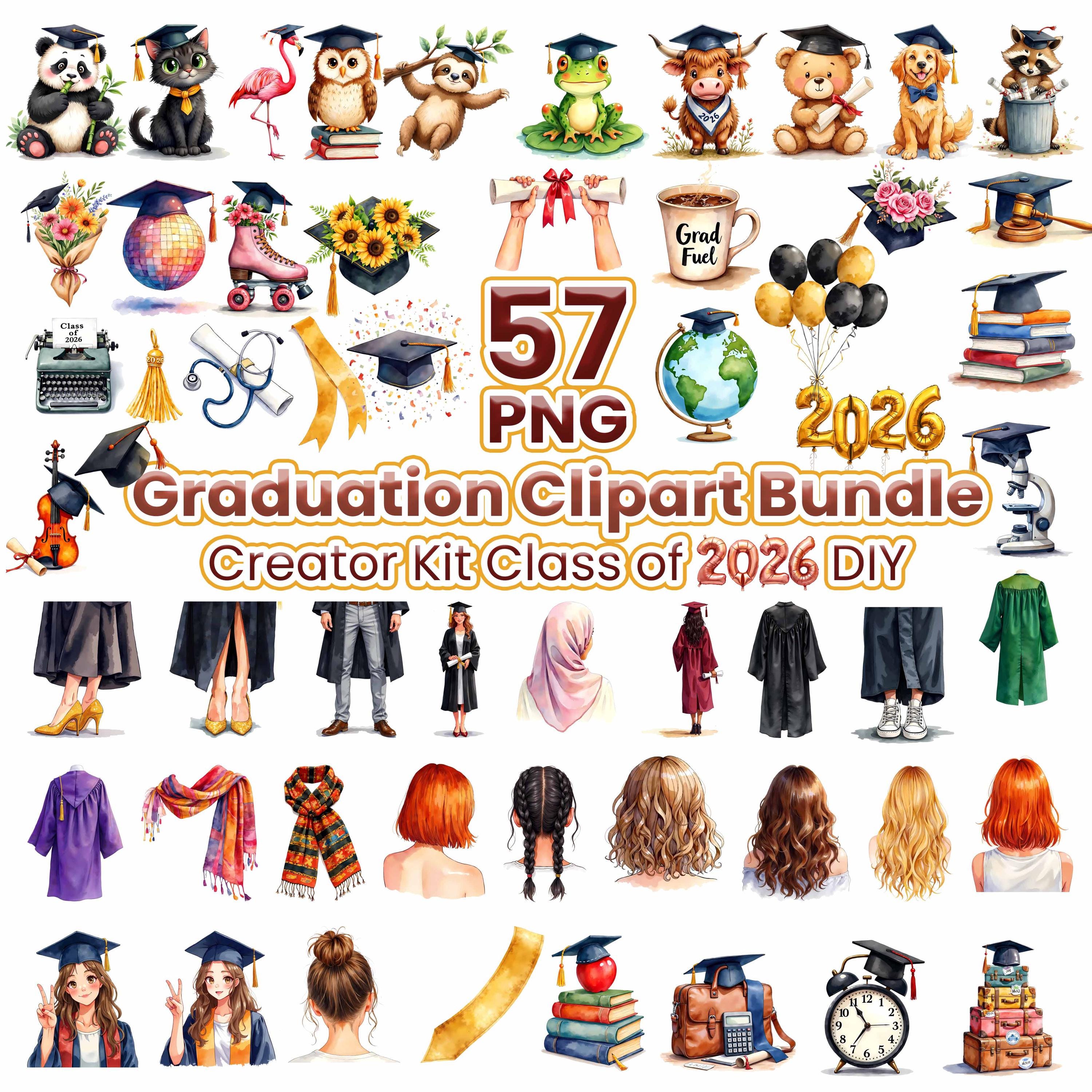 57 PNG Watercolor Graduation Clipart Bundle, Senior Class of 2026 ...