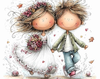 19 JPG Whimsical Wedding Couple Clipart, Romantic Wedding Bride and Groom Clipart, Commercial Use