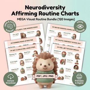 May include: A collection of printable routine charts for children with ADHD and autism. The charts feature illustrations of a hedgehog and include text such as "My Morning Wake-Up Routine" and "My Sleepy-Time Winding Down". The image also includes a hedgehog figurine.