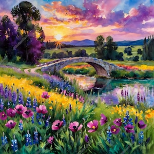 Puede incluir: Una vibrante pintura de acuarela de una puesta de sol sobre un paisaje. Un puente de piedra arqueado sobre un río, rodeado de campos de flores amarillas, moradas y rosas. El cielo es una mezcla de tonos naranja, rosa y morado.