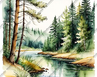 Watercolor Pine Forest Clipart: River Landscape Art (Digital Download)