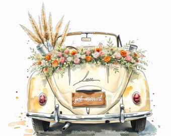 Boho Wedding Car Clipart Bundle, Bride and Groom, Just Married Clipart, Commercial Use, 35 JPG