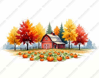 Watercolor Autumn Landscape Clip Art: Cozy Fall Scenery (PNG JPG)