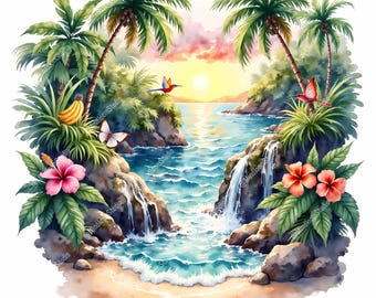 Watercolor Beach Clipart, Palm Trees, Ocean Scenes (JPG Digital Download)