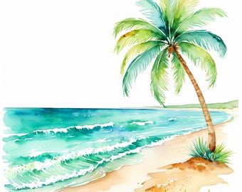 Watercolor Beach Scenery Clipart: Tropical Palm Tree Art (Digital Download)