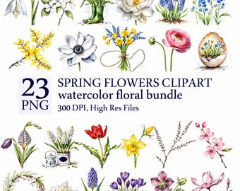 Watercolor Spring Flowers Clipart, Tulips, Daffodils (PNG Digital Download)