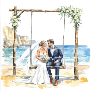 May include: Watercolor illustration of a wedding scene. A couple sits on a wooden swing decorated with flowers, overlooking the ocean. The bride wears a white gown and veil, holding a bouquet. The groom is in a navy suit. The background features a beach and cliffs.