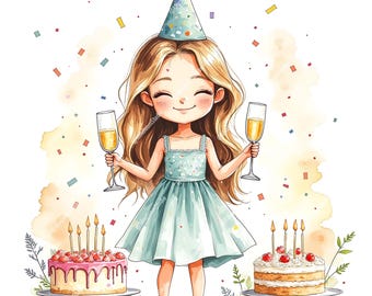 Whimsical Birthday Girl Clipart: Cake, Party, Invitation (JPG Files)
