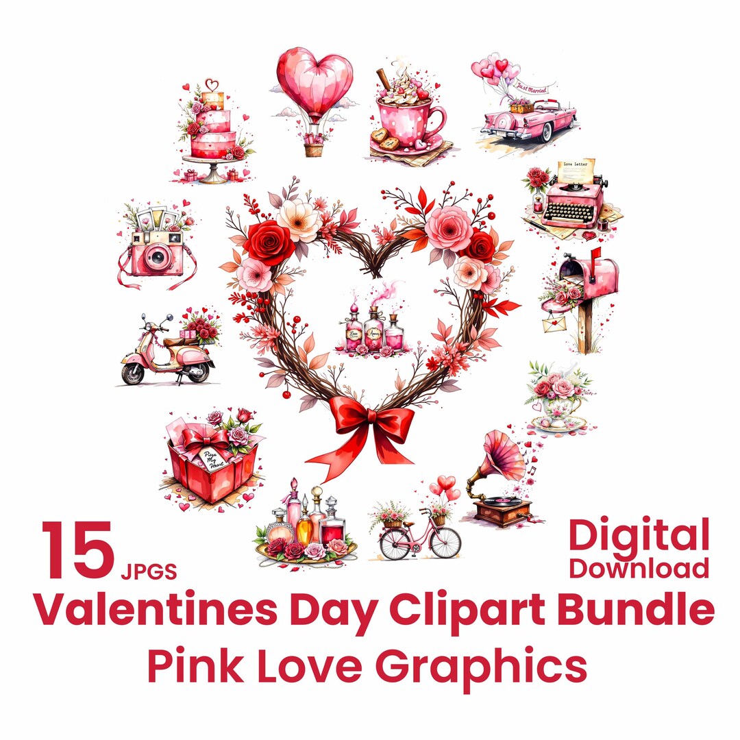 Watercolor Valentines Day Clipart, Romantic Clip Art (digital Download ...