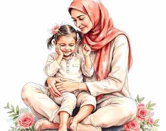 Muslim Mother's Day Watercolor Clipart, Mommy and Me, Modest Fashion Art (Digital Download)