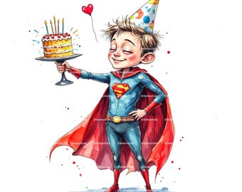 Man Happy Birthday Clipart, Party Illustration, Digital Invite, Birthday Cake, Watercolor clip art, Junk Journaling, Scrapbooking, JPGs