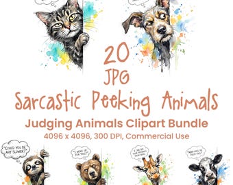 Sarcastic Peeking Animals Clipart Bundle, Judging Animals Graphics, Quirky Animal Faces, Commercial Use