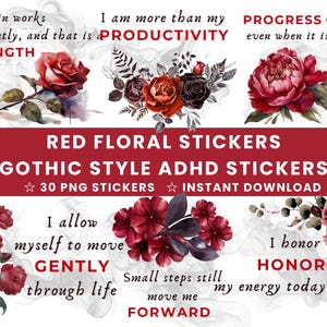 May include: Red floral stickers with a gothic style. The stickers feature watercolor illustrations of red roses and other flowers. Text includes "Strength", "Productivity", "Progress", "Gently", "Honor", and "Forward".