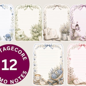 Puede incluir: Un conjunto de hojas de papelería con papel rayado y bordes decorativos de flores, lazos e ilustraciones de casas, libros, buzones y tazas de café. Un círculo morado muestra el texto en blanco COTTAGECORE 12 MEMO NOTES.