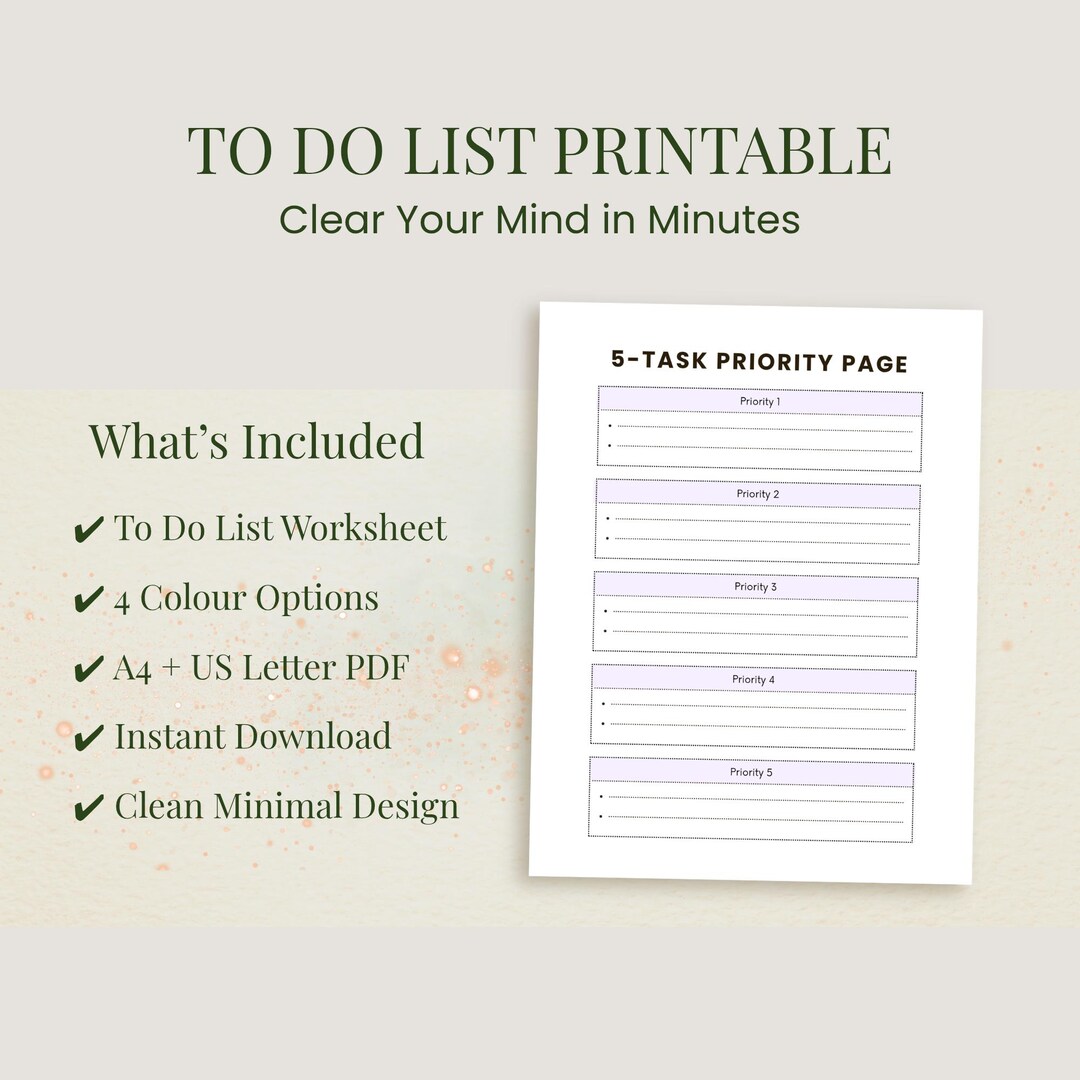 To Do List Printable PDF, 5 Task Priority Planner, Minimal Productivity ...