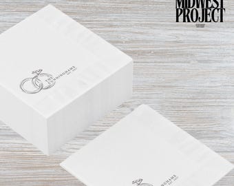Servilletas personalizadas con anillos de boda - Servilletas de cóctel personalizadas con iniciales y fecha - Estampado elegante - Decoración para recepción de boda