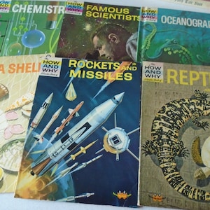6 How and Why Wonder Books Children&#39;s Book Lot 1960s 1970s Rockets and Missiles Famous Scientists Sea Shells Reptiles Oceanography Chemistry