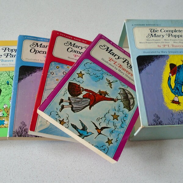 1970s The Complete Mary Poppins by P.L. Travers illustrated by Mary Shepard Boxed Set with Slipcase 4 Book Set Comes Back Opens the Door