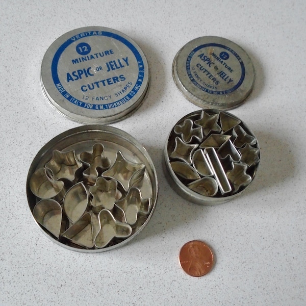 Two Sets Mini Cutters in Tins for Canapes, Hors D'oeuvres, Sandwiches, Pie Crusts, Aspic, or Clay Made in Italy