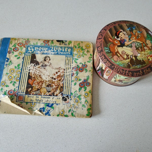 1938 Snow White and the Seven Dwarfs Book Grosset & Dunlap and Candy Tin Walt Disney