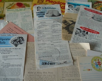 Vintage Kitchen Paper Ephemera Lot Recipes. Company Leaflets. Pamphlets, Betty Crocker. Fruit Labels. Clipped Newspaper Recipes.