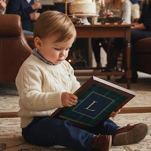 May include: A young child wearing a cream-colored cable knit sweater and navy blue pants sits on a patterned rug, holding a framed print. The print features a blue background with the letter "L" and a green and blue plaid border.